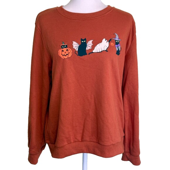 Women's Halloween Dark Orange Sweatshirt Black Cat Pumpkin Mummy Bat Size XL - Picture 1 of 6